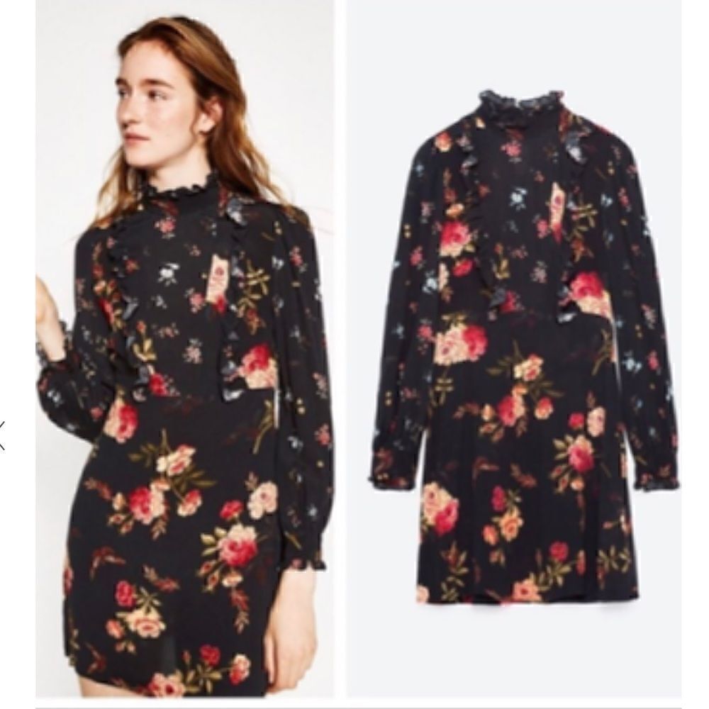 Zara Floral Ruffle Collar Lace Back Long Sleeve Dress size M